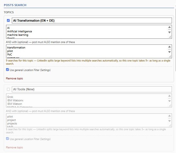 SalesTeam topic editor: keyword groups with optional AND terms and a location filter